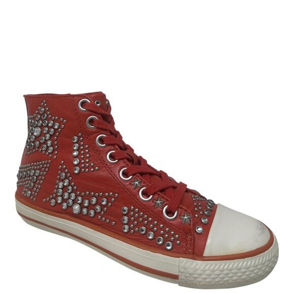 ASH Red Soft Leather High Top Sneakers Silver Studded Stars Distressed Toe 7 Y2K - Picture 2 of 13